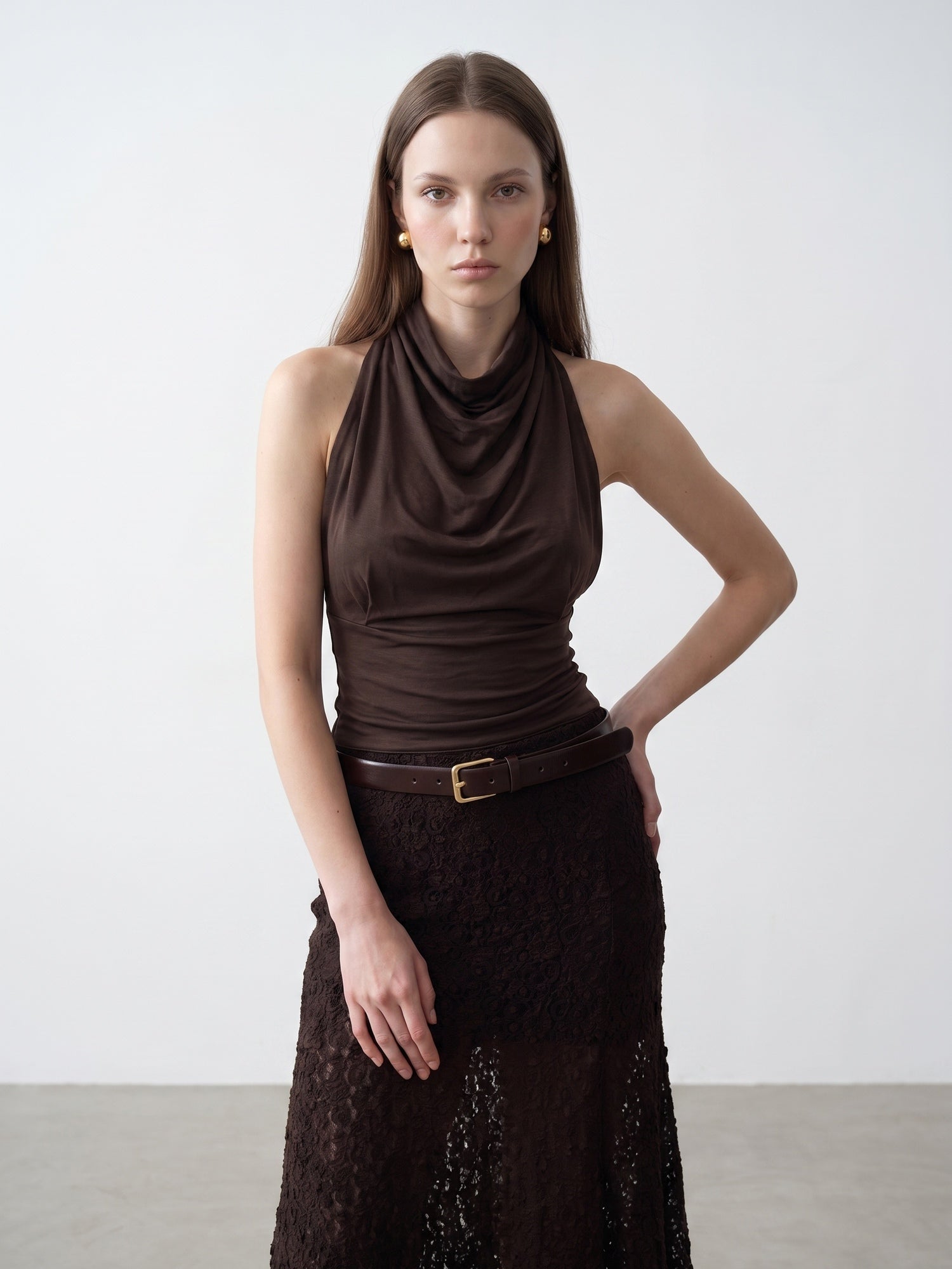 Draperad lyocelltopp – Mörkbrun