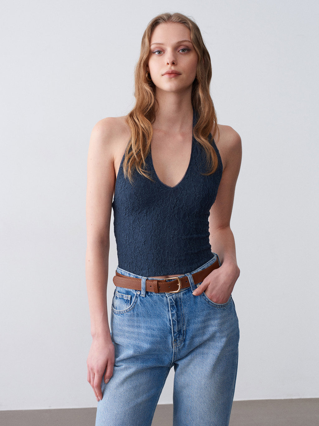 Halterneck spetstopp - Indigo
