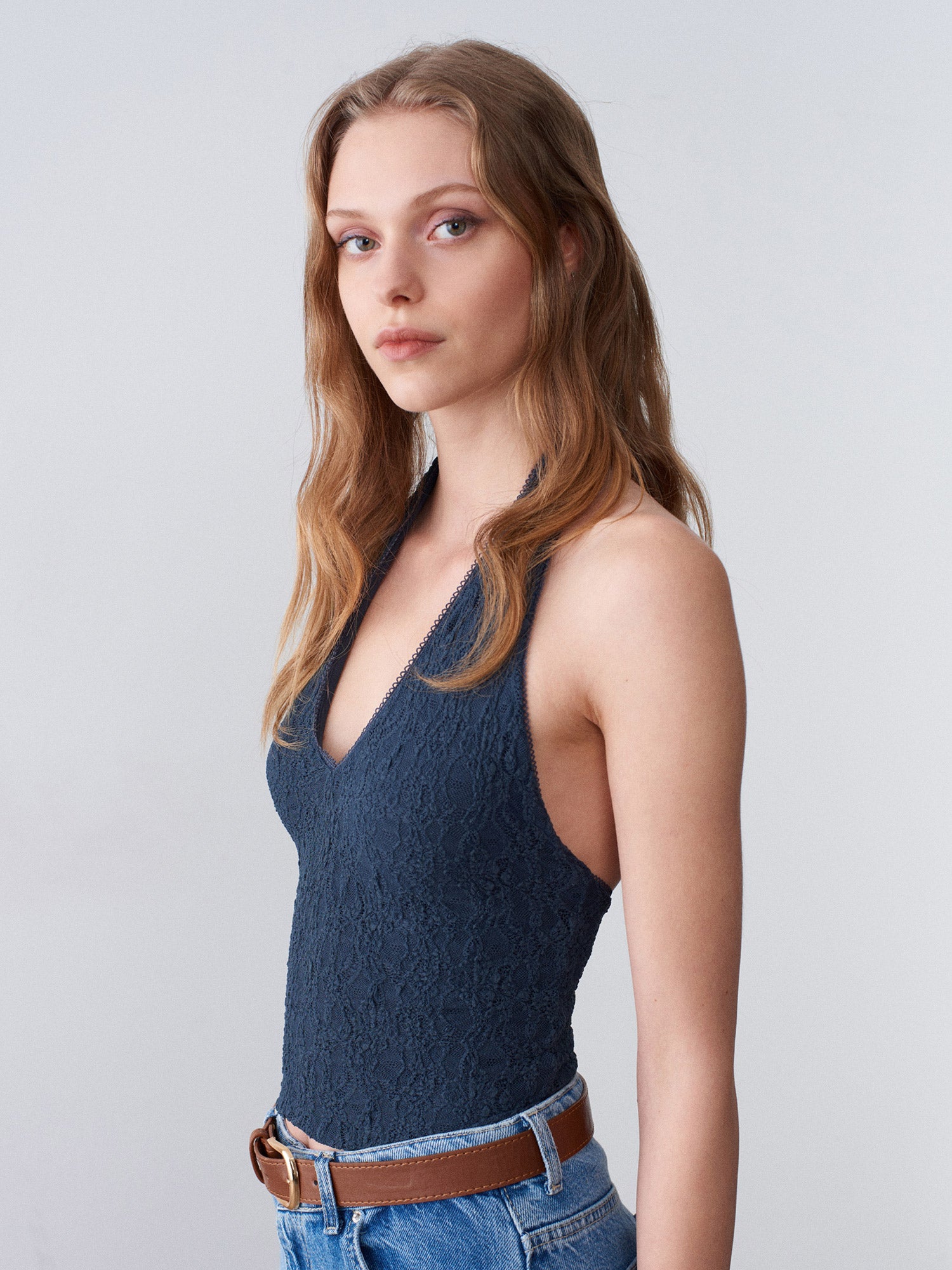 Halterneck spetstopp - Indigo