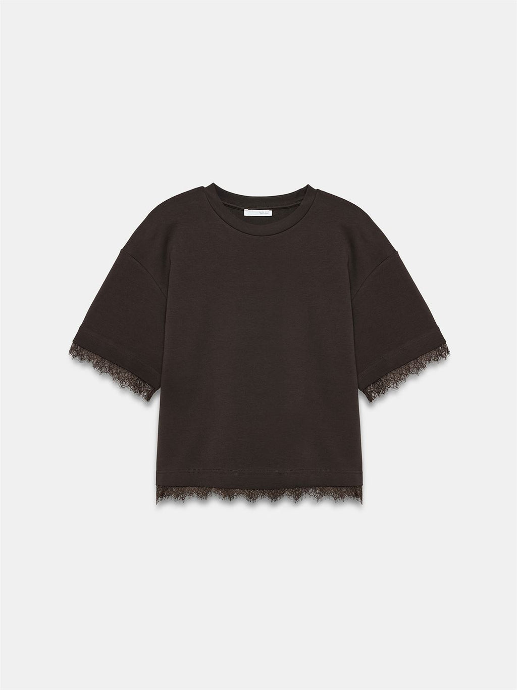 T-shirt med spetskant - Mörkbrun