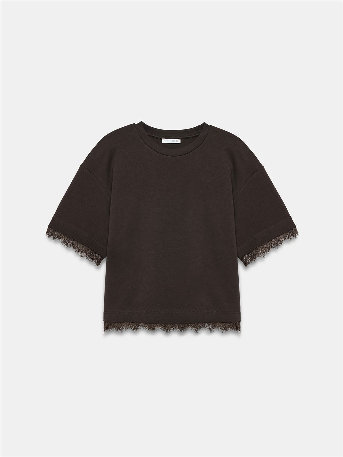 T-shirt med spetskant - Mörkbrun