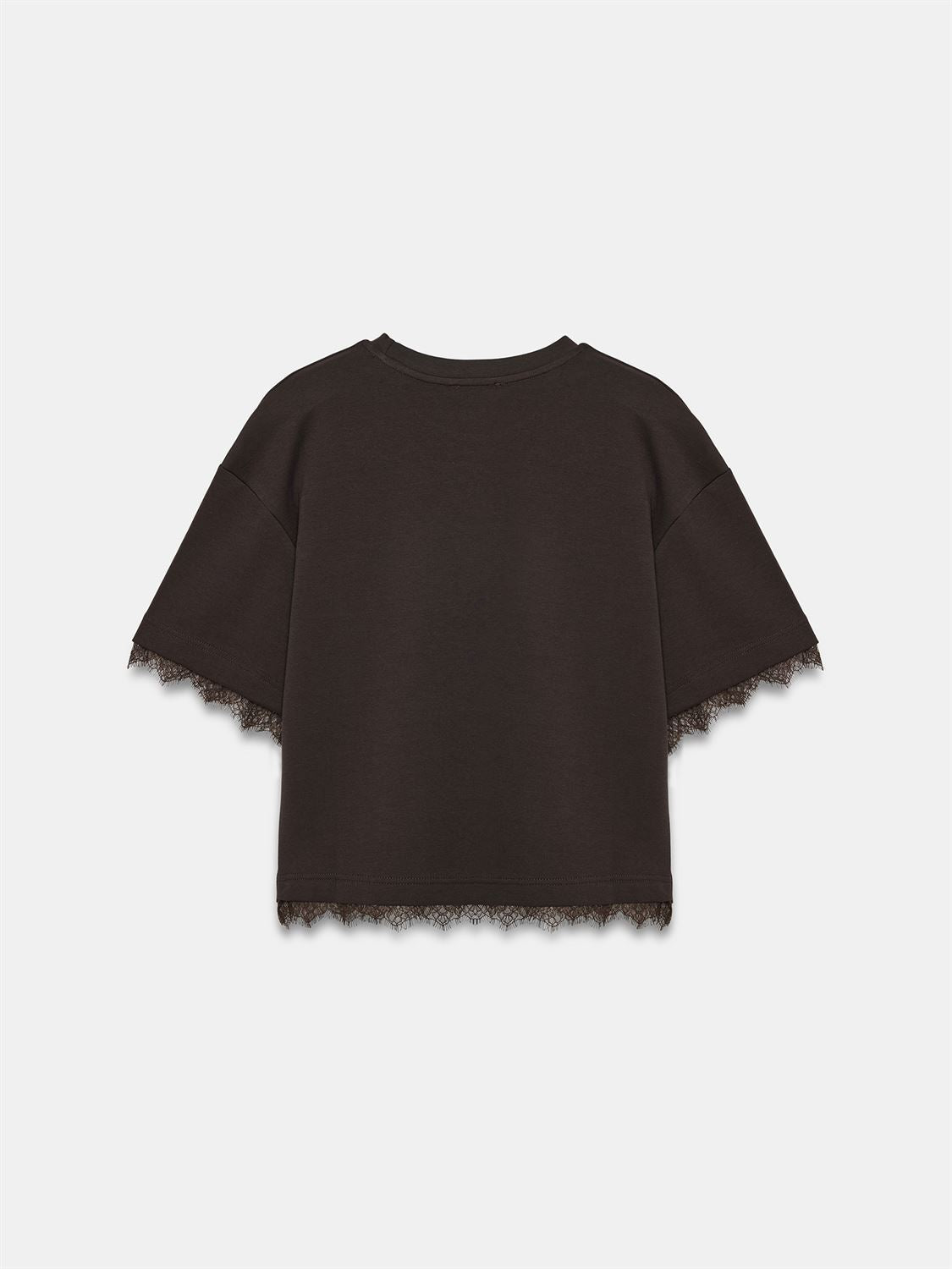 T-shirt med spetskant - Mörkbrun