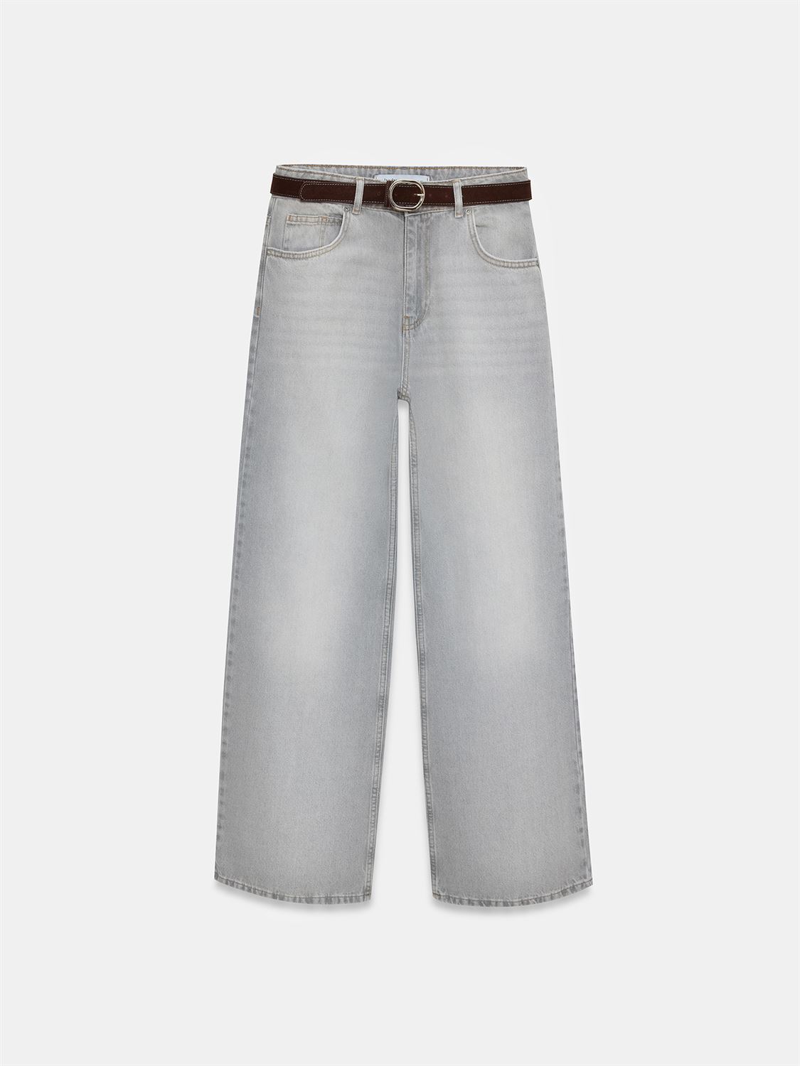 Wide leg-jeans med bälte - Grå